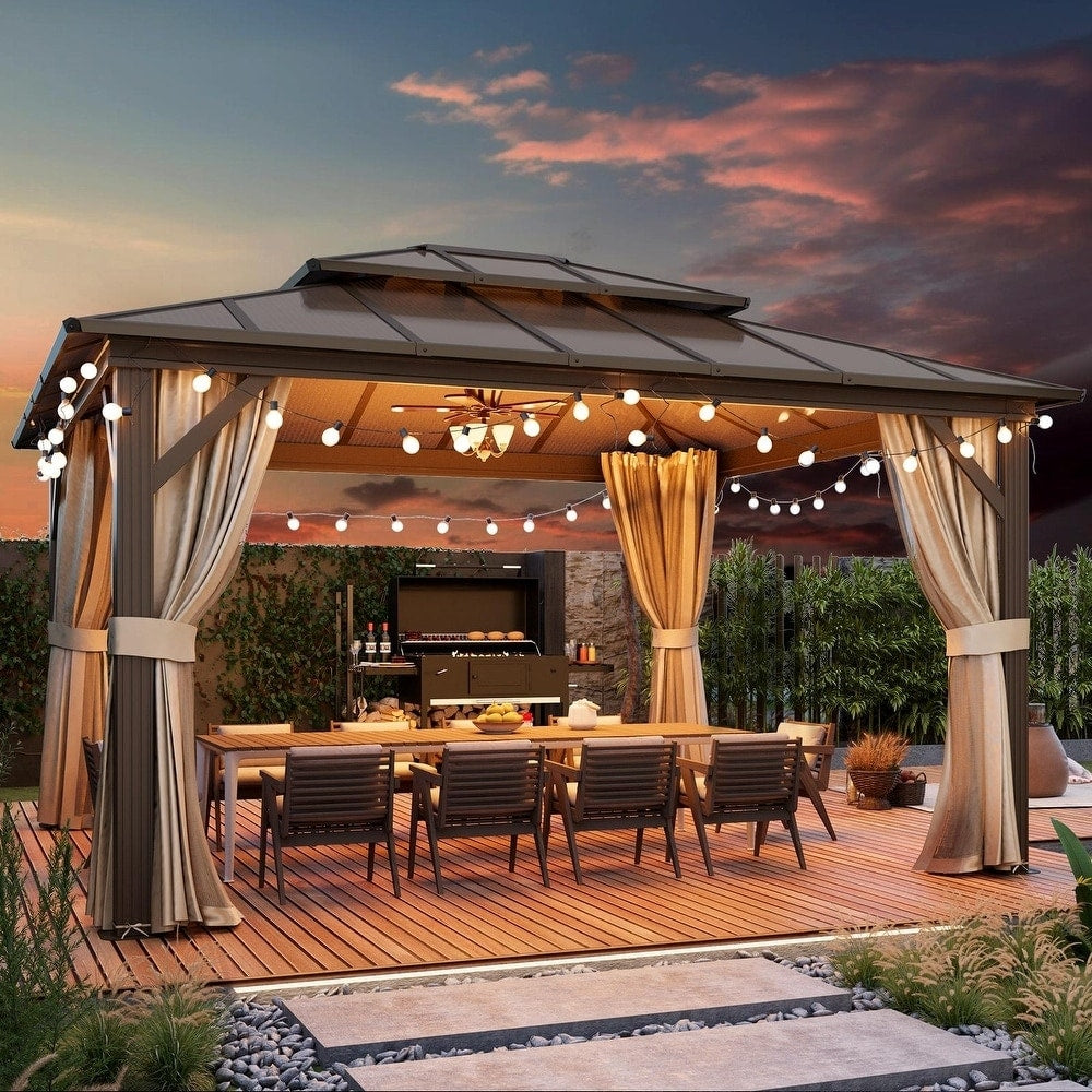EROMMY Gazebo à toit rigide, Pergola d'extérieur avec double toit, moustiquaire et rideaux, auvent robuste pour patio, jardin, fête à la piscine