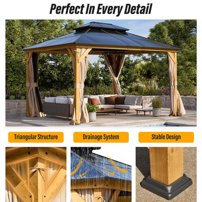 EROMMY Gazebo à toit rigide, Pergola d'extérieur avec double toit, moustiquaire et rideaux, auvent robuste pour patio, jardin, fête à la piscine