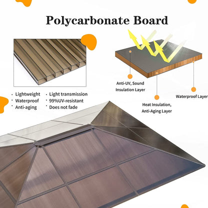 EROMMY Gazebo à toit rigide, Pergola d'extérieur avec double toit, moustiquaire et rideaux, auvent robuste pour patio, jardin, fête à la piscine