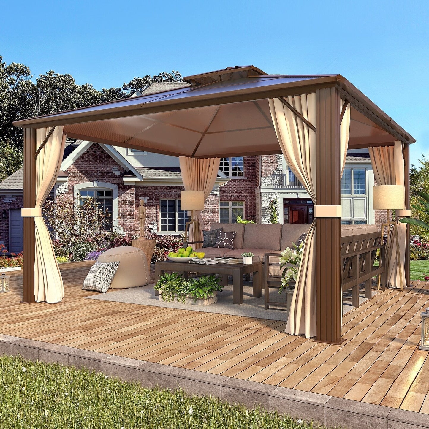 Gazebo à toit rigide pour jardin – Pergola permanente avec moustiquaire, rideaux et toit double, abri extérieur toutes saisons