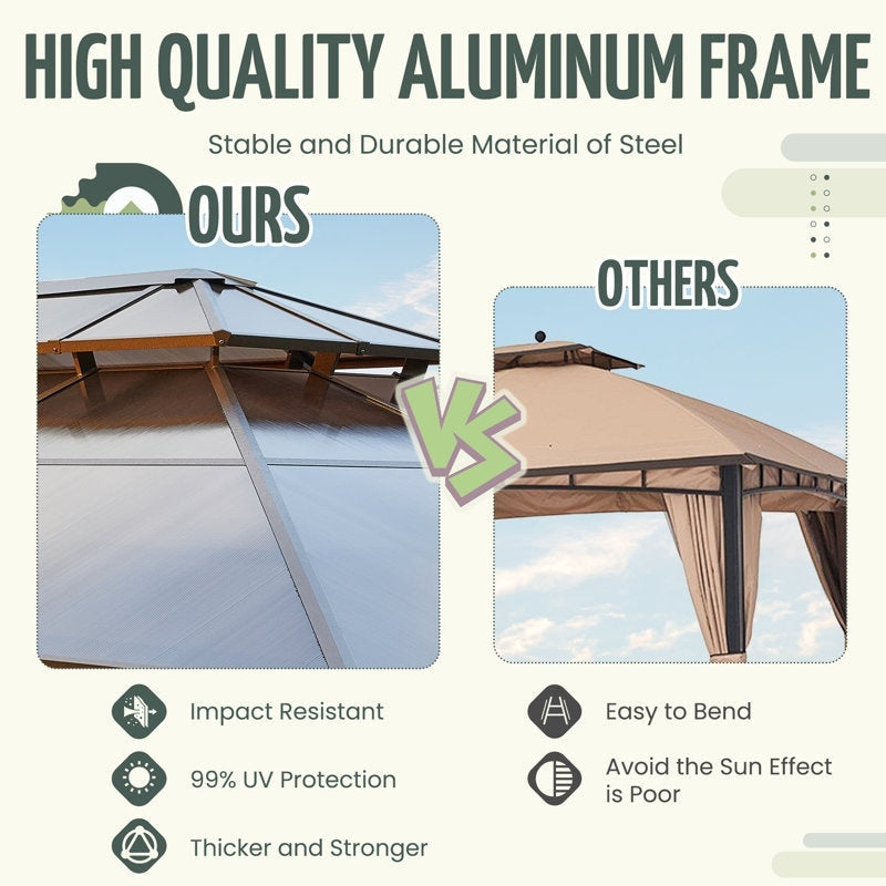 Gazebo à toit rigide pour jardin – Pergola permanente avec moustiquaire, rideaux et toit double, abri extérieur toutes saisons