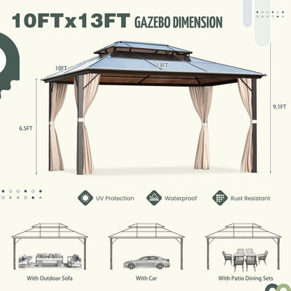 Gazebo à toit rigide pour jardin – Pergola permanente avec moustiquaire, rideaux et toit double, abri extérieur toutes saisons