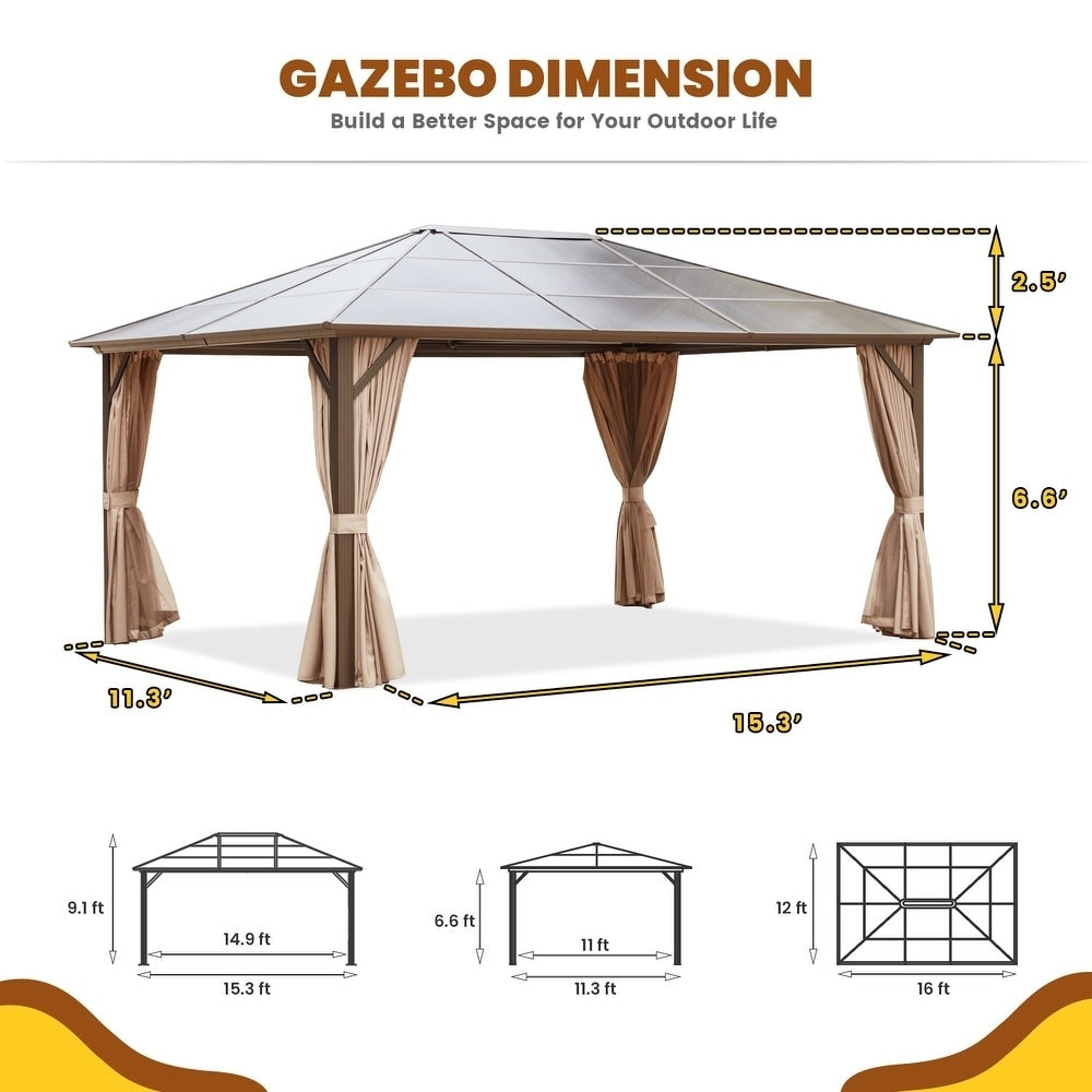 Gazebo à toit rigide pour jardin – Pergola permanente avec moustiquaire, rideaux et toit double, abri extérieur toutes saisons