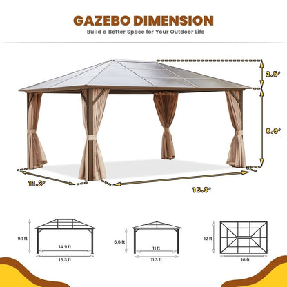 Gazebo à toit rigide pour jardin – Pergola permanente avec moustiquaire, rideaux et toit double, abri extérieur toutes saisons