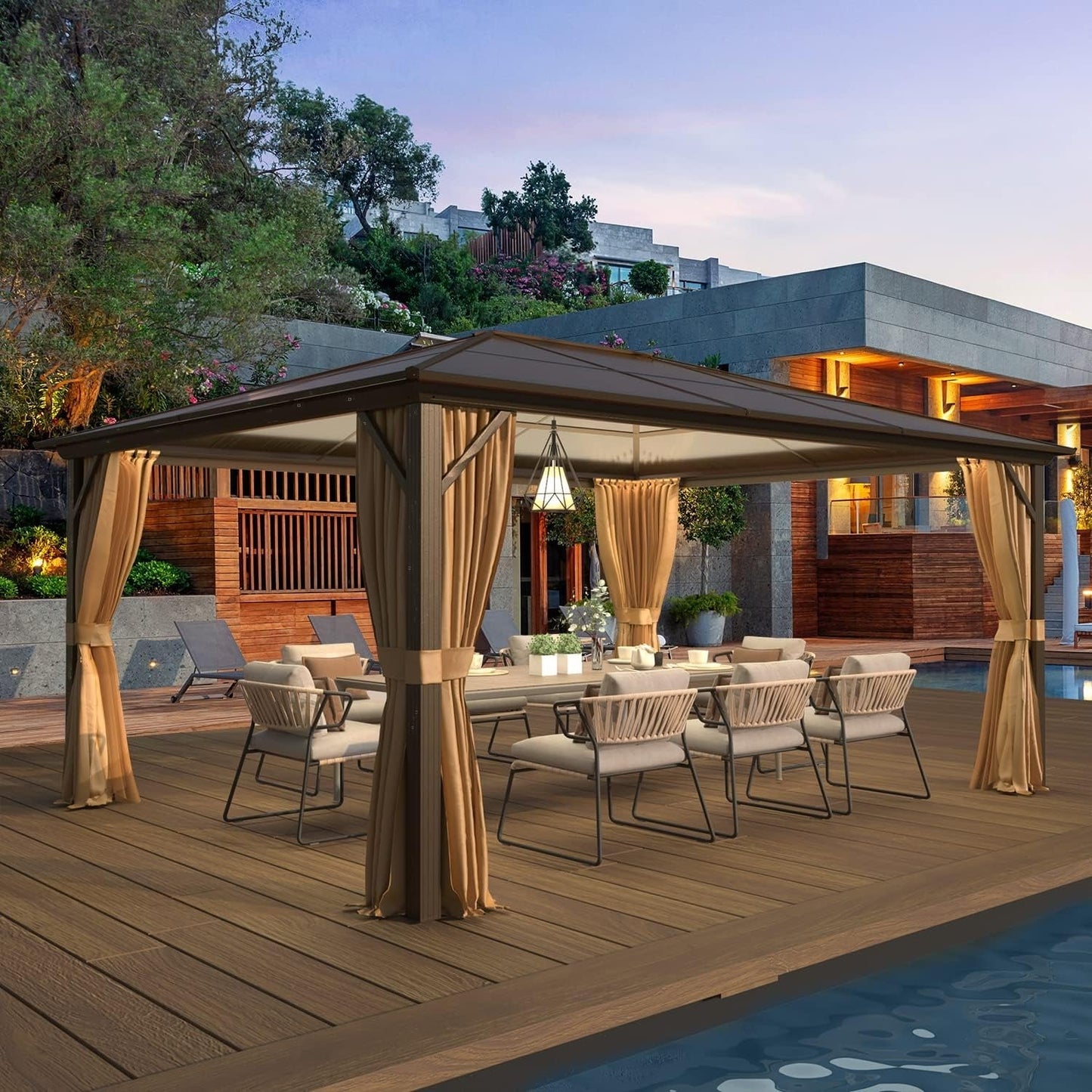 Gazebo à toit rigide pour jardin – Pergola permanente avec moustiquaire, rideaux et toit double, abri extérieur toutes saisons