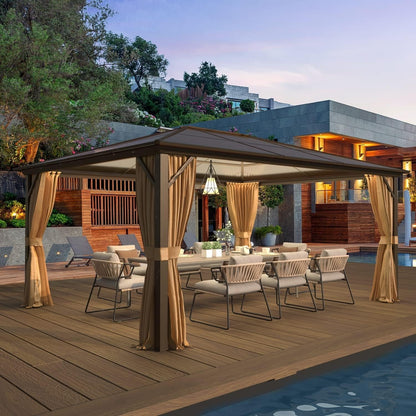 Gazebo à toit rigide pour jardin – Pergola permanente avec moustiquaire, rideaux et toit double, abri extérieur toutes saisons