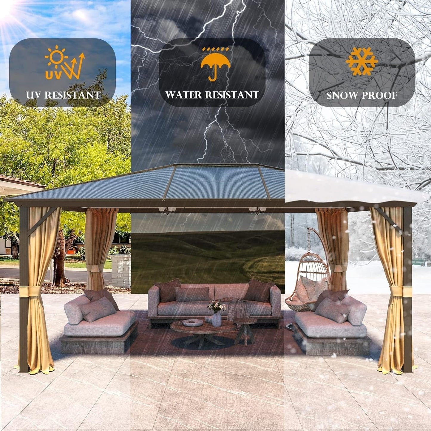 Gazebo à toit rigide pour jardin – Pergola permanente avec moustiquaire, rideaux et toit double, abri extérieur toutes saisons