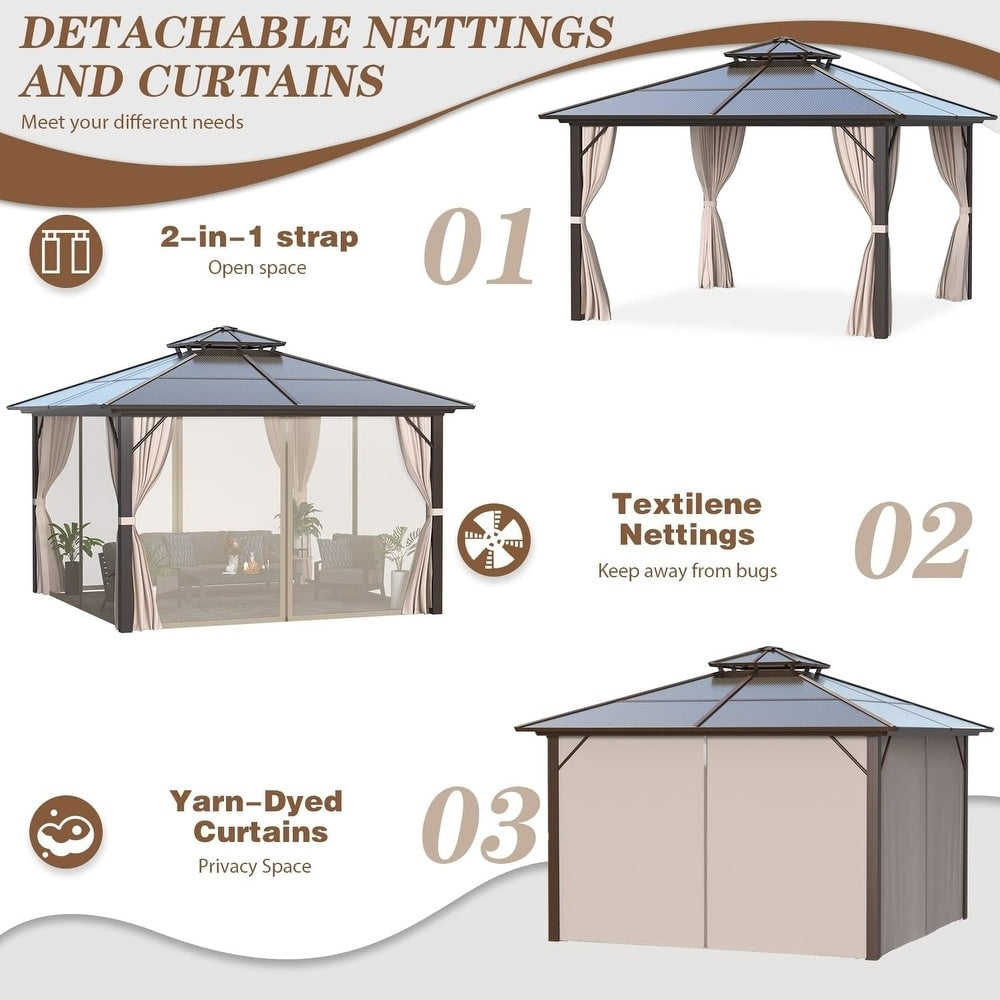 Gazebo à toit rigide pour jardin – Pergola permanente avec moustiquaire, rideaux et toit double, abri extérieur toutes saisons