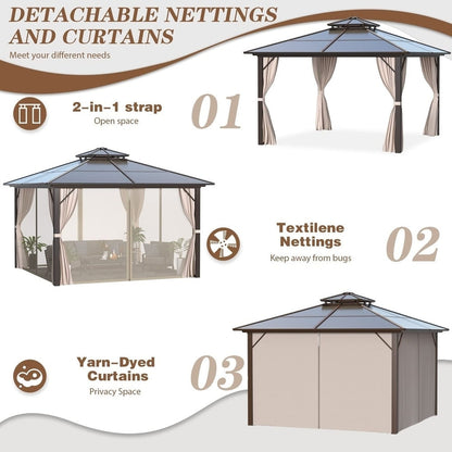Gazebo à toit rigide pour jardin – Pergola permanente avec moustiquaire, rideaux et toit double, abri extérieur toutes saisons