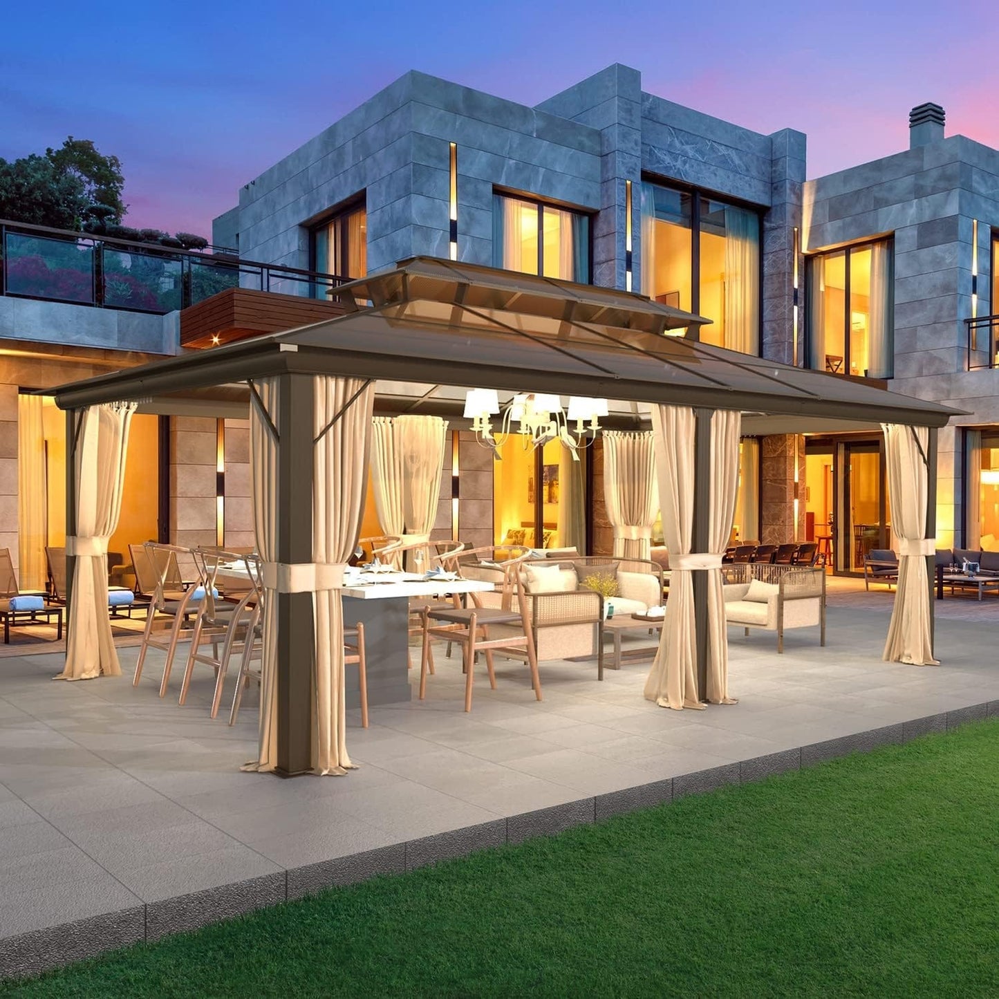 Gazebo à toit rigide pour jardin – Pergola permanente avec moustiquaire, rideaux et toit double, abri extérieur toutes saisons