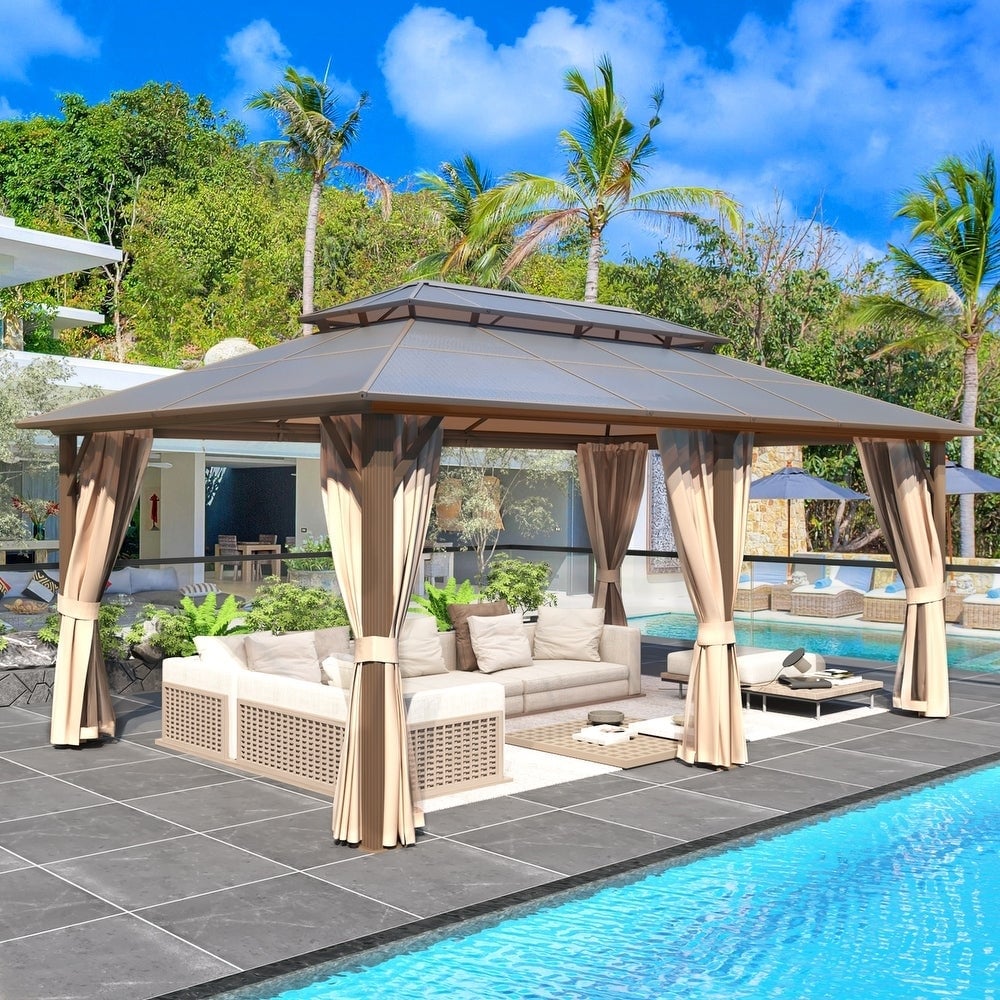 Gazebo à toit rigide pour jardin – Pergola permanente avec moustiquaire, rideaux et toit double, abri extérieur toutes saisons