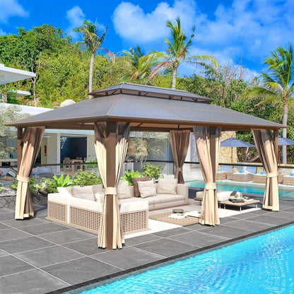 Gazebo à toit rigide pour jardin – Pergola permanente avec moustiquaire, rideaux et toit double, abri extérieur toutes saisons