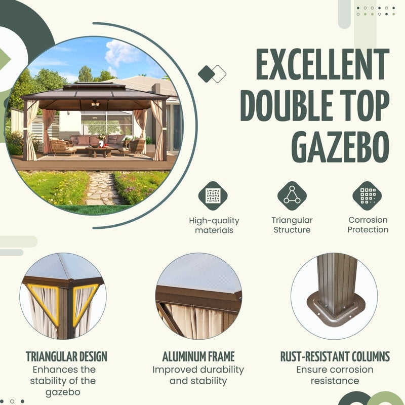 Gazebo à toit rigide pour jardin – Pergola permanente avec moustiquaire, rideaux et toit double, abri extérieur toutes saisons