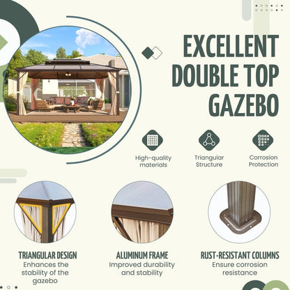 Gazebo à toit rigide pour jardin – Pergola permanente avec moustiquaire, rideaux et toit double, abri extérieur toutes saisons
