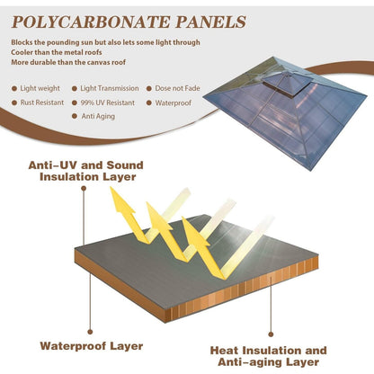 Gazebo à toit rigide pour jardin – Pergola permanente avec moustiquaire, rideaux et toit double, abri extérieur toutes saisons