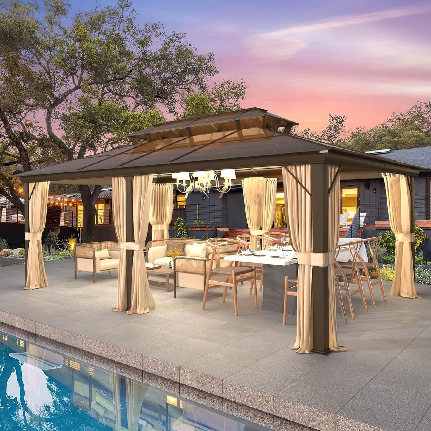 Gazebo à toit rigide pour jardin – Pergola permanente avec moustiquaire, rideaux et toit double, abri extérieur toutes saisons