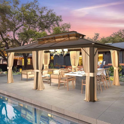 Gazebo à toit rigide pour jardin – Pergola permanente avec moustiquaire, rideaux et toit double, abri extérieur toutes saisons