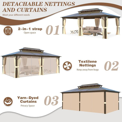 Gazebo à toit rigide pour jardin – Pergola permanente avec moustiquaire, rideaux et toit double, abri extérieur toutes saisons