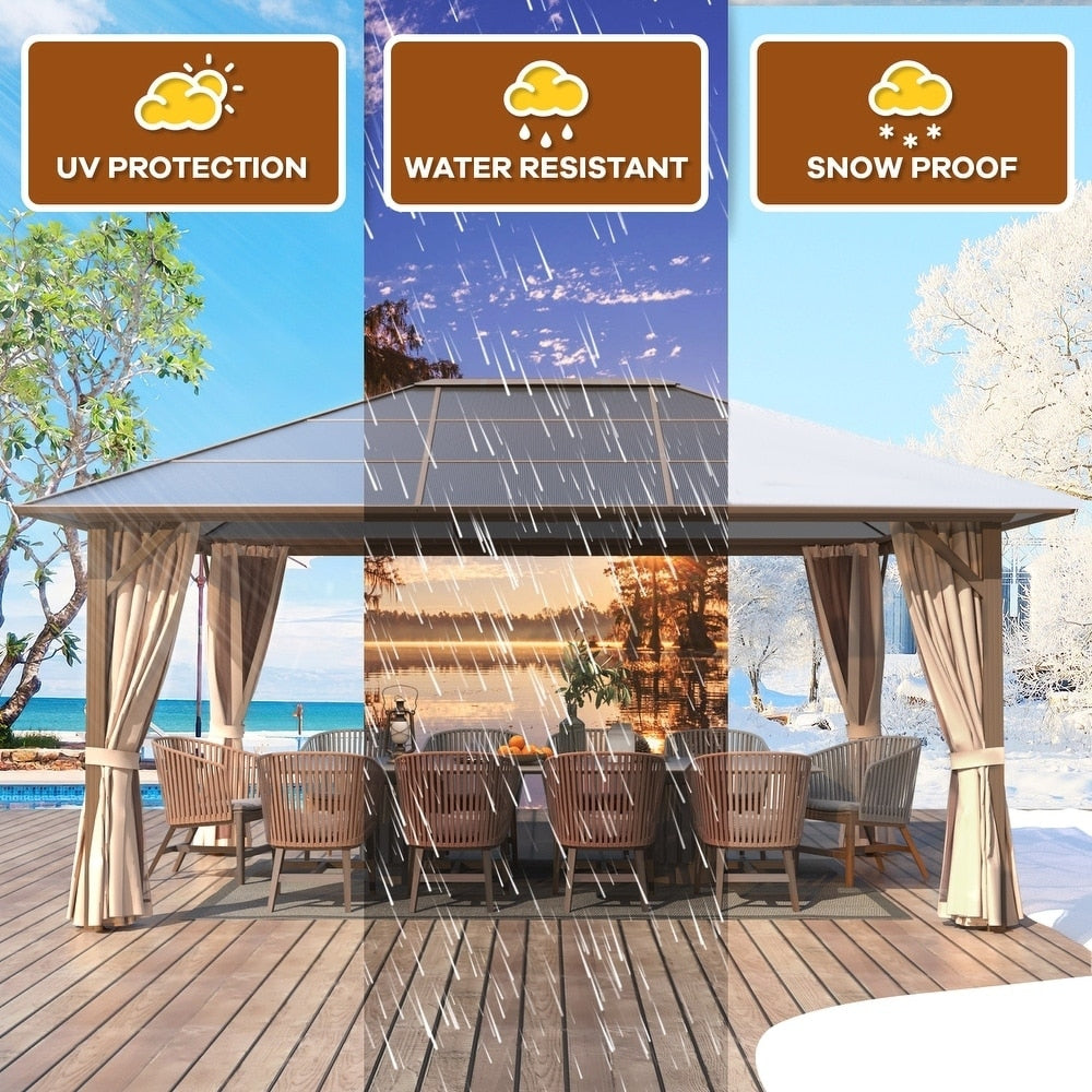 Gazebo à toit rigide pour jardin – Pergola permanente avec moustiquaire, rideaux et toit double, abri extérieur toutes saisons