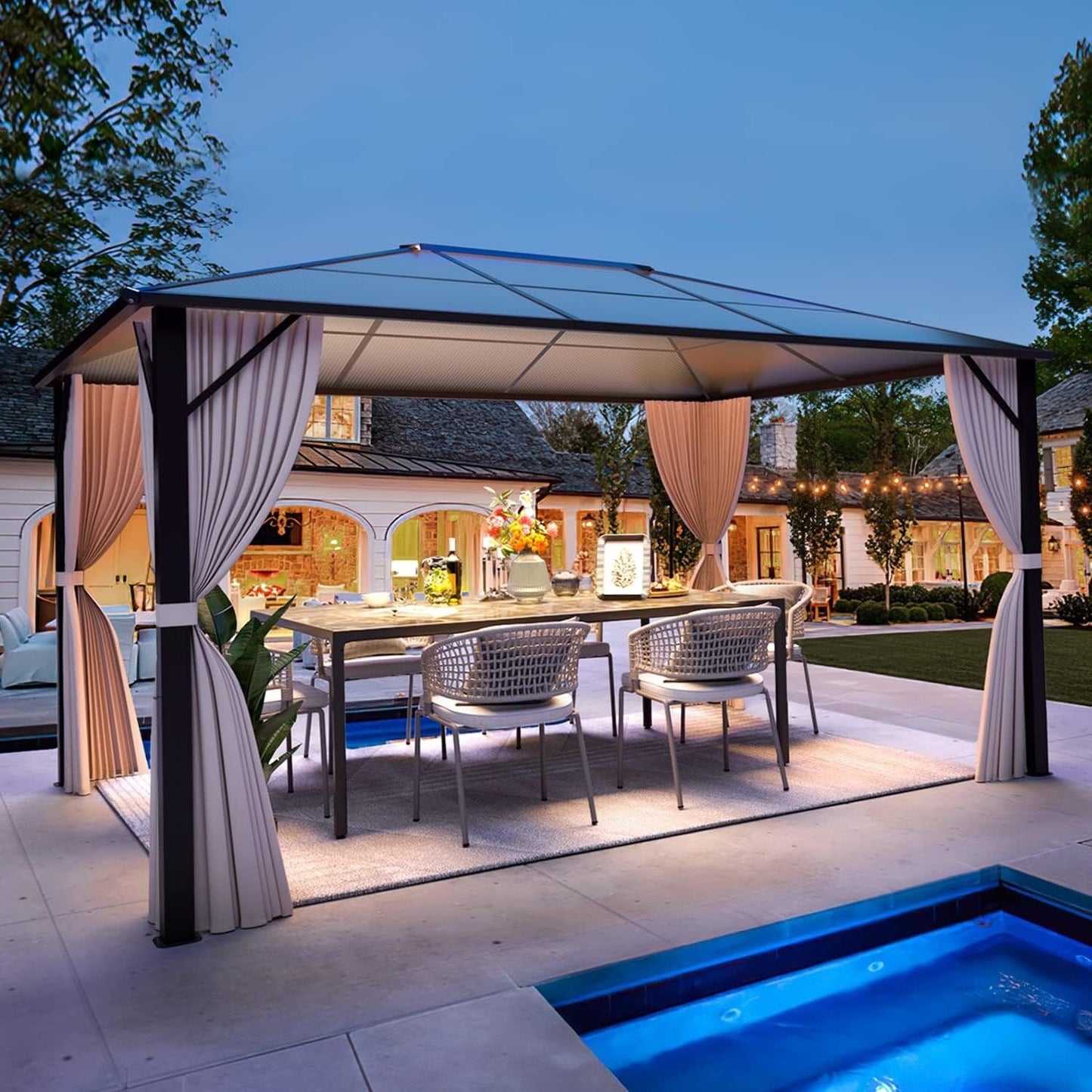 Gazebo à toit rigide pour jardin – Pergola permanente avec moustiquaire, rideaux et toit double, abri extérieur toutes saisons