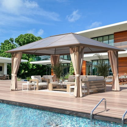 Gazebo à toit rigide pour jardin – Pergola permanente avec moustiquaire, rideaux et toit double, abri extérieur toutes saisons