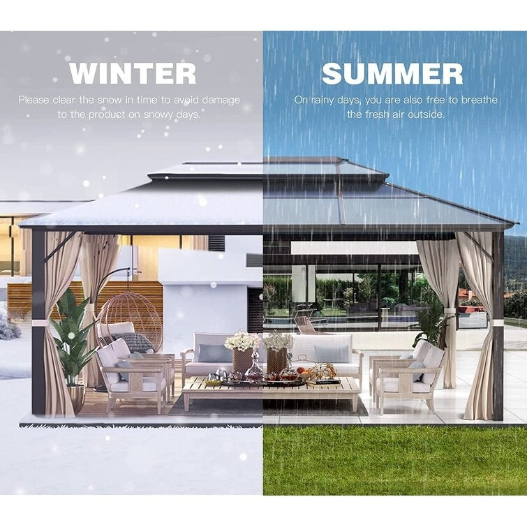 Gazebo à toit rigide pour jardin – Pergola permanente avec moustiquaire, rideaux et toit double, abri extérieur toutes saisons