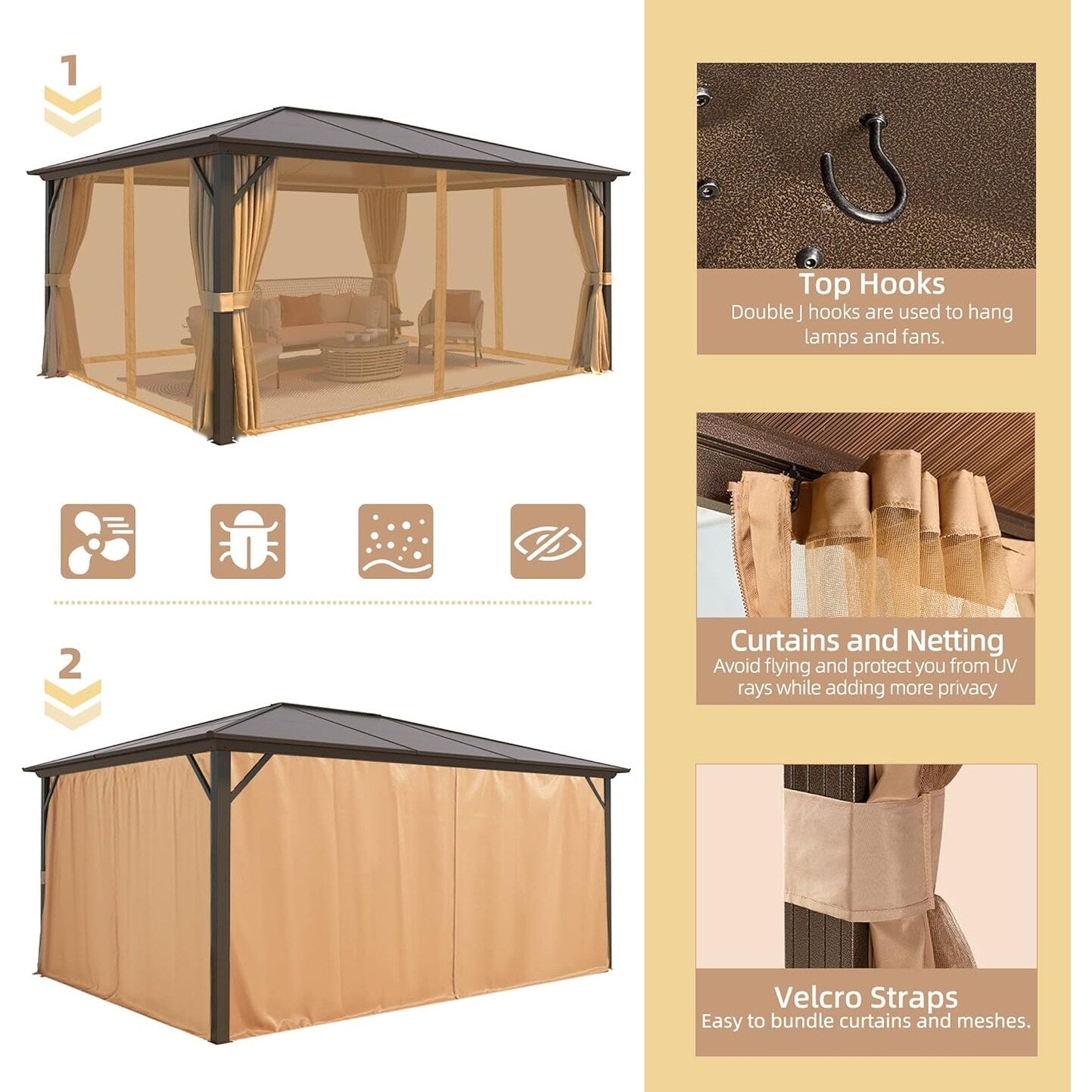 Gazebo à toit rigide pour jardin – Pergola permanente avec moustiquaire, rideaux et toit double, abri extérieur toutes saisons