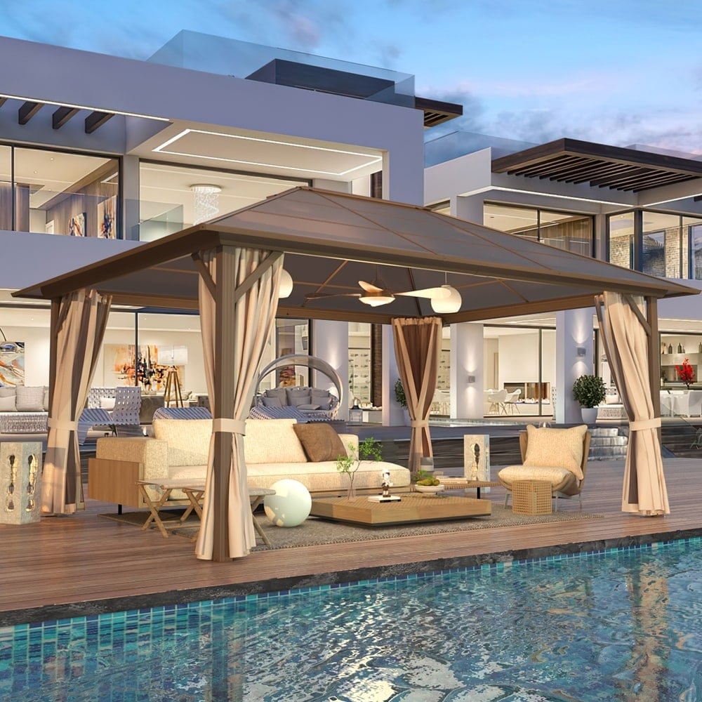 Gazebo à toit rigide pour jardin – Pergola permanente avec moustiquaire, rideaux et toit double, abri extérieur toutes saisons
