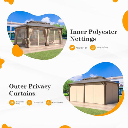 Gazebo à toit rigide pour jardin – Pergola permanente avec moustiquaire, rideaux et toit double, abri extérieur toutes saisons