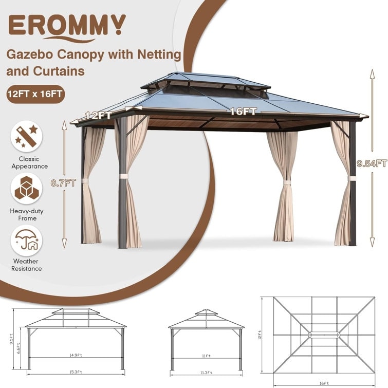 Gazebo à toit rigide pour jardin – Pergola permanente avec moustiquaire, rideaux et toit double, abri extérieur toutes saisons