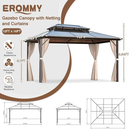 Gazebo à toit rigide pour jardin – Pergola permanente avec moustiquaire, rideaux et toit double, abri extérieur toutes saisons
