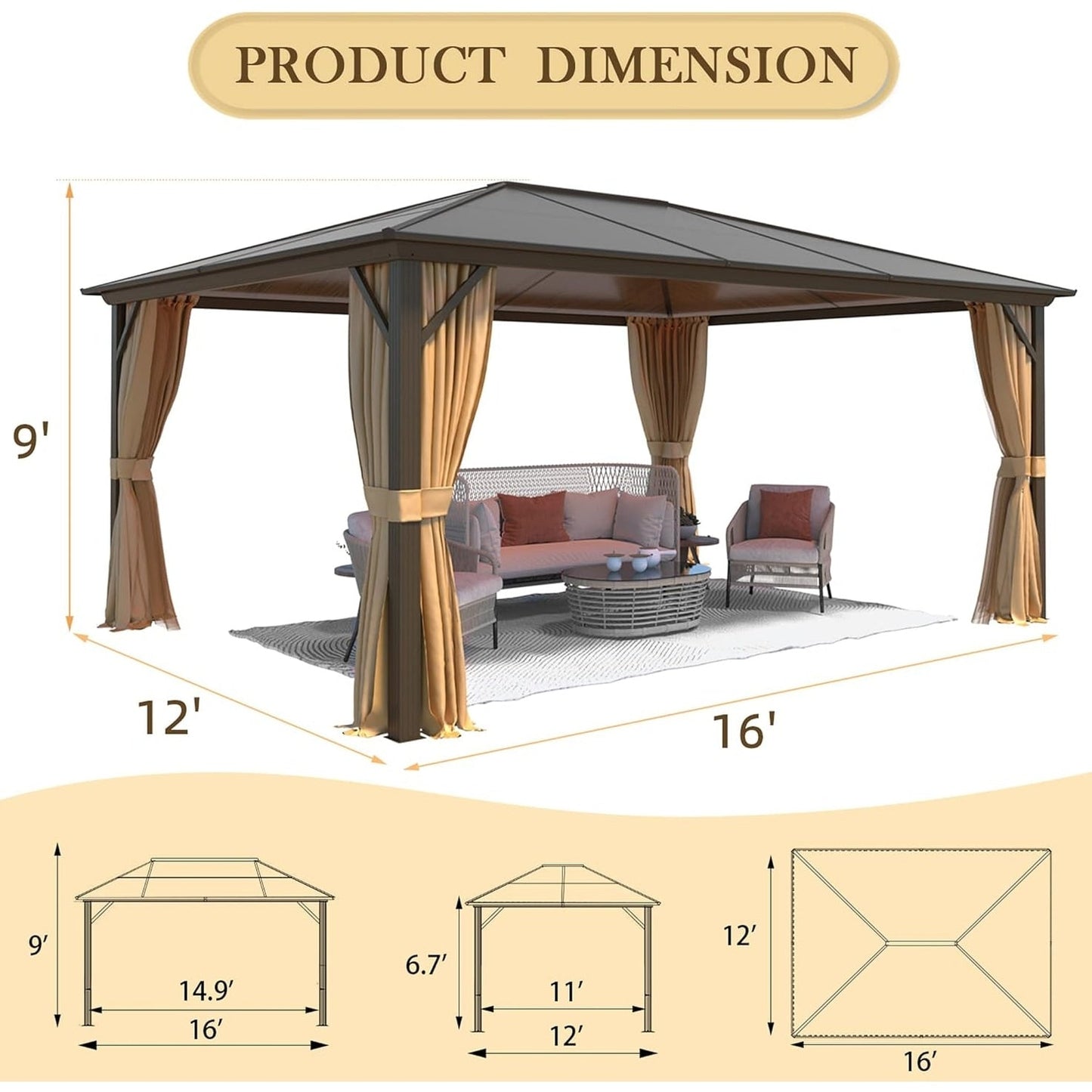 Gazebo à toit rigide pour jardin – Pergola permanente avec moustiquaire, rideaux et toit double, abri extérieur toutes saisons