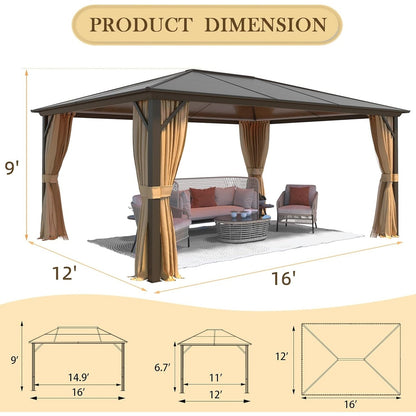 Gazebo à toit rigide pour jardin – Pergola permanente avec moustiquaire, rideaux et toit double, abri extérieur toutes saisons