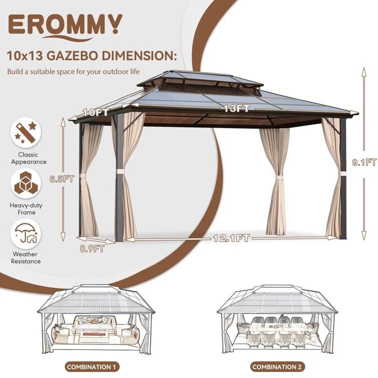 Gazebo à toit rigide pour jardin – Pergola permanente avec moustiquaire, rideaux et toit double, abri extérieur toutes saisons