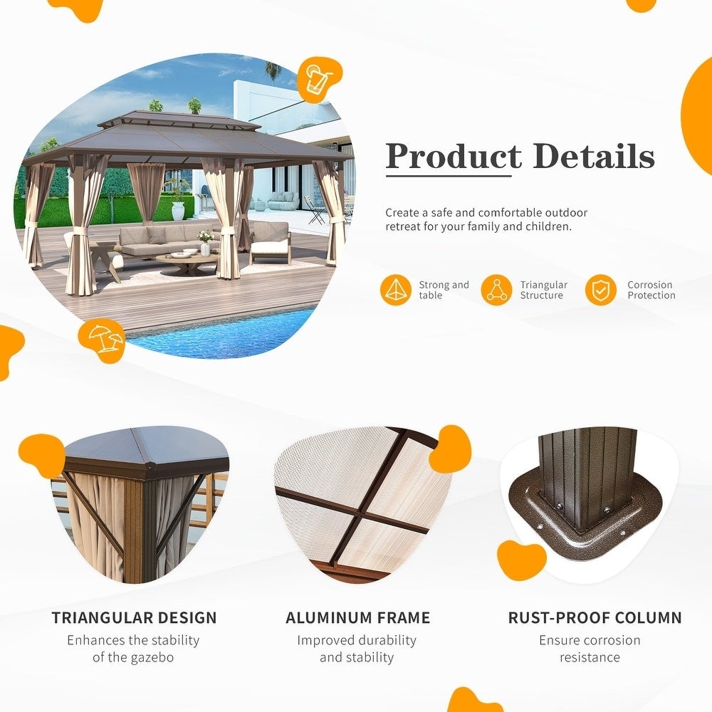 Gazebo à toit rigide pour jardin – Pergola permanente avec moustiquaire, rideaux et toit double, abri extérieur toutes saisons