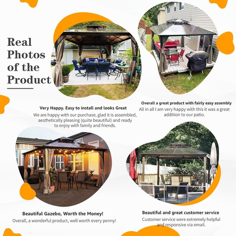 Gazebo à toit rigide pour jardin – Pergola permanente avec moustiquaire, rideaux et toit double, abri extérieur toutes saisons