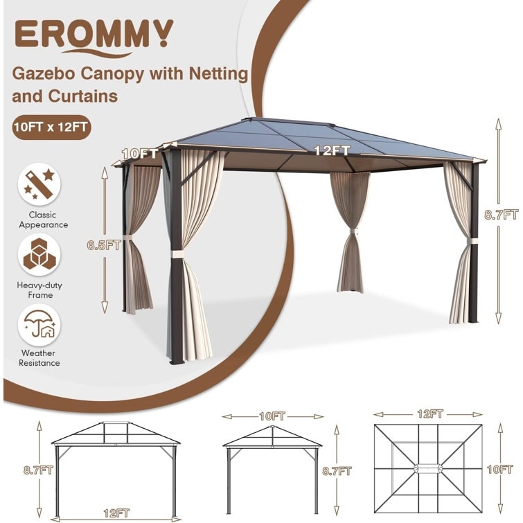 Gazebo à toit rigide pour jardin – Pergola permanente avec moustiquaire, rideaux et toit double, abri extérieur toutes saisons