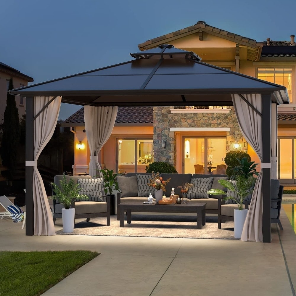 Gazebo à toit rigide pour jardin – Pergola permanente avec moustiquaire, rideaux et toit double, abri extérieur toutes saisons