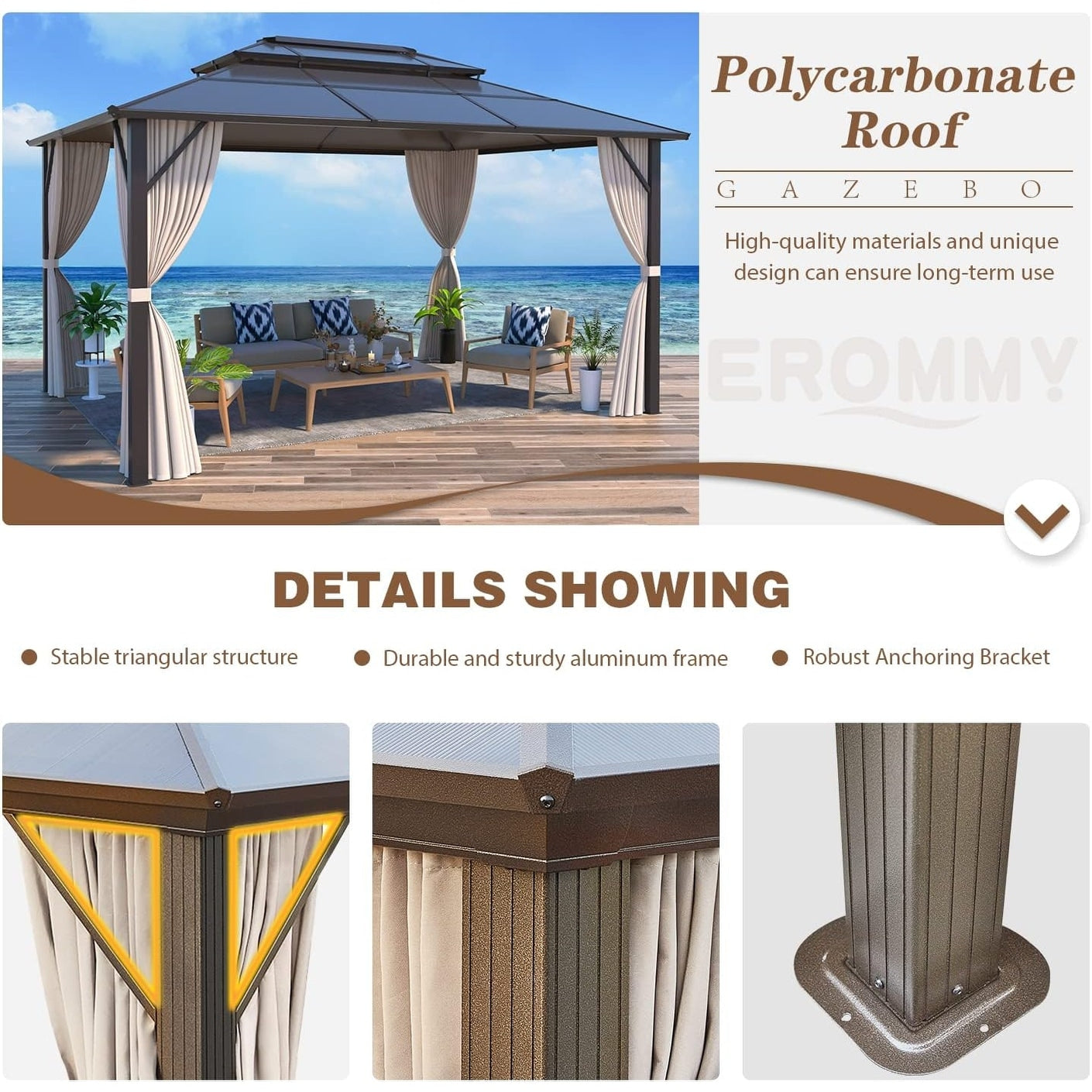 Gazebo à toit rigide pour jardin – Pergola permanente avec moustiquaire, rideaux et toit double, abri extérieur toutes saisons