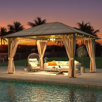 Gazebo à toit rigide pour jardin – Pergola permanente avec moustiquaire, rideaux et toit double, abri extérieur toutes saisons