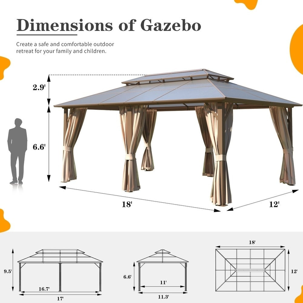 Gazebo à toit rigide pour jardin – Pergola permanente avec moustiquaire, rideaux et toit double, abri extérieur toutes saisons