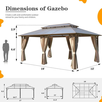 Gazebo à toit rigide pour jardin – Pergola permanente avec moustiquaire, rideaux et toit double, abri extérieur toutes saisons