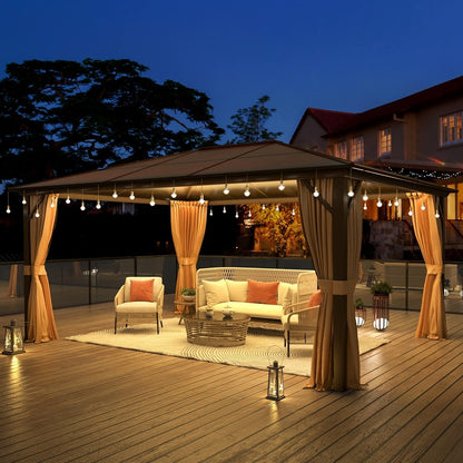 Gazebo à toit rigide pour jardin – Pergola permanente avec moustiquaire, rideaux et toit double, abri extérieur toutes saisons