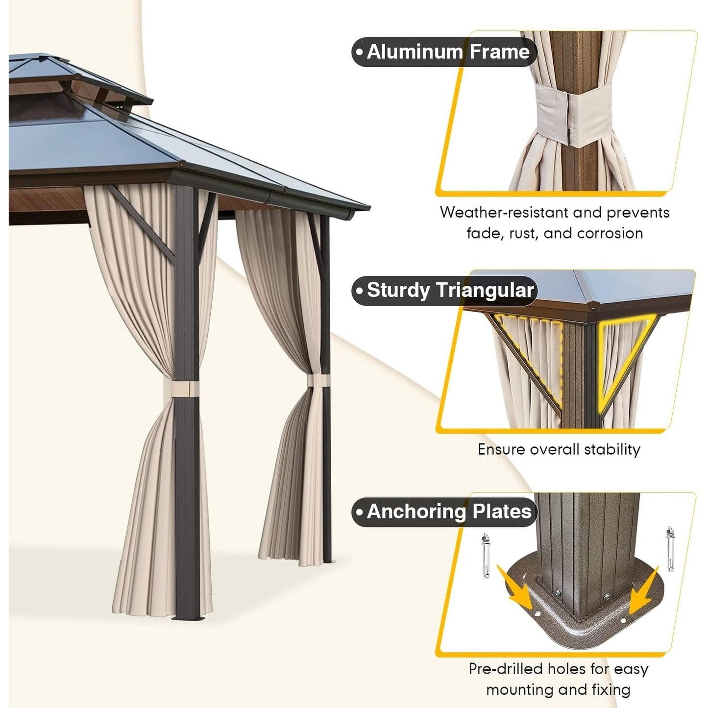 Gazebo à toit rigide pour jardin – Pergola permanente avec moustiquaire, rideaux et toit double, abri extérieur toutes saisons