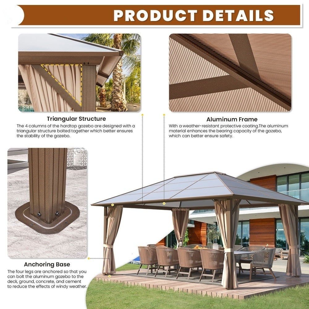 Gazebo à toit rigide pour jardin – Pergola permanente avec moustiquaire, rideaux et toit double, abri extérieur toutes saisons