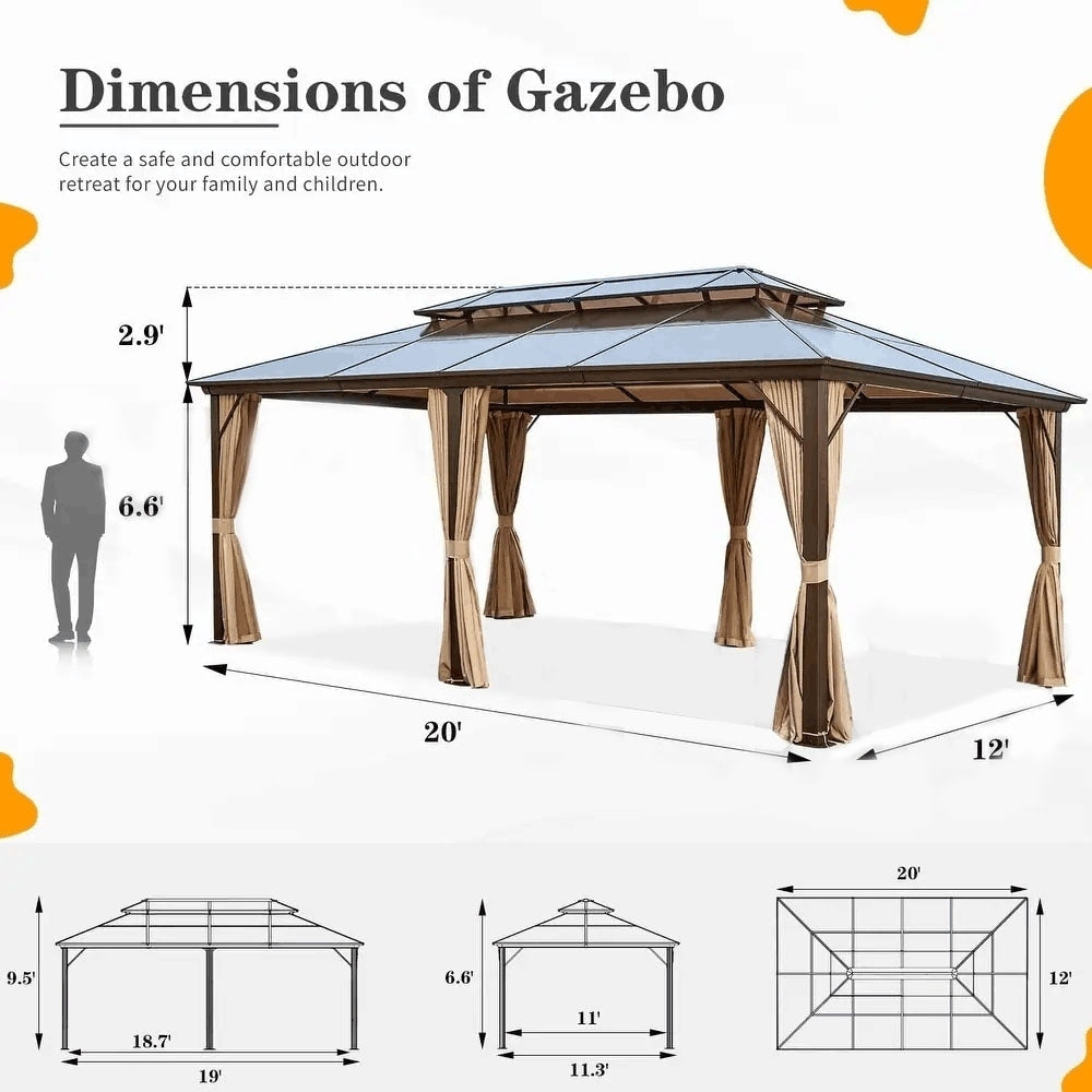 Gazebo à toit rigide pour jardin – Pergola permanente avec moustiquaire, rideaux et toit double, abri extérieur toutes saisons