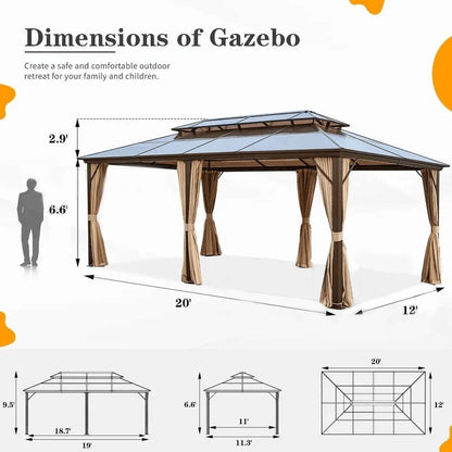 Gazebo à toit rigide pour jardin – Pergola permanente avec moustiquaire, rideaux et toit double, abri extérieur toutes saisons