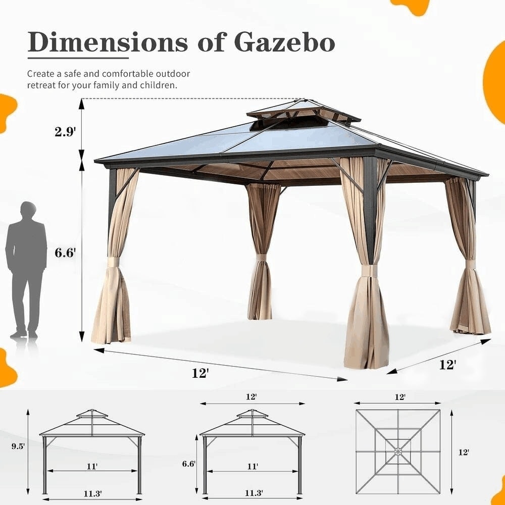 Gazebo à toit rigide pour jardin – Pergola permanente avec moustiquaire, rideaux et toit double, abri extérieur toutes saisons