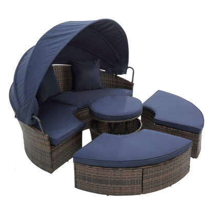 Outdoor Rattan Round Canopy Daybed with Lift Coffee Table, Navy Blue Deep Seating Sofa Bed with Pillows and Washable Cushions