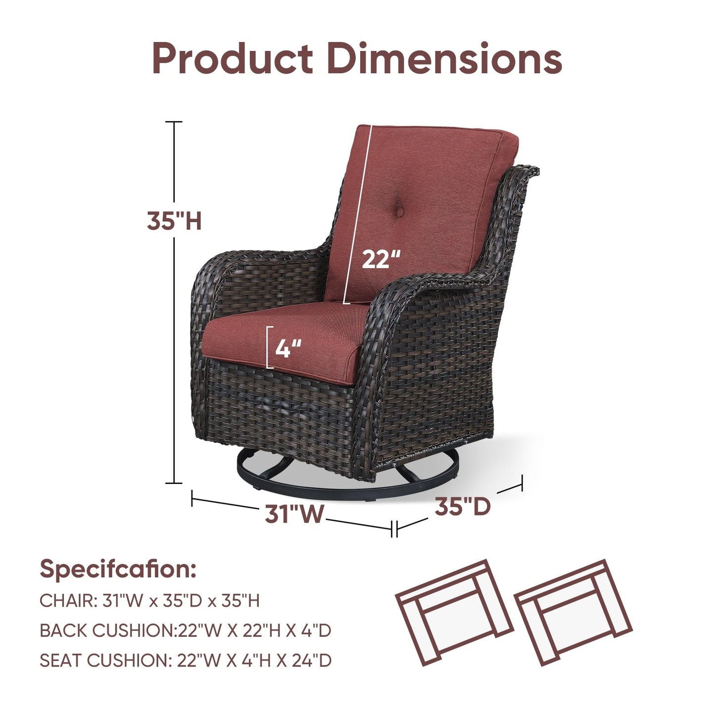 Gymojoy Chaise longue d'extérieur en osier avec base pivotante (lot de 2)